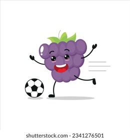 Cute and funny grape play football. fruit doing fitness or sports exercises. Happy character soccer working out vector illustration.