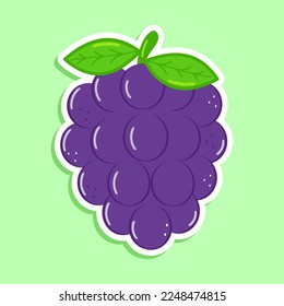 Cute funny grape sticker character. Vector hand drawn cartoon kawaii character illustration icon. Isolated on white background. Happy grape character concept