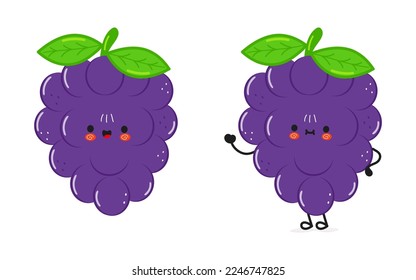 Cute funny grape waving hand character. Vector hand drawn cartoon kawaii character illustration icon. Isolated on white background. grape character concept