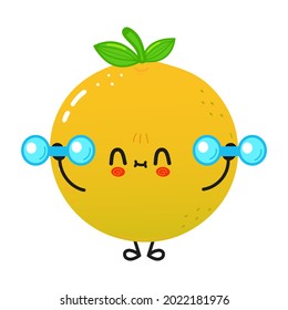 Cute funny grapefruit with dumbbells. Vector hand drawn cartoon kawaii character illustration icon. Isolated on white background. Grapefruit gym concept