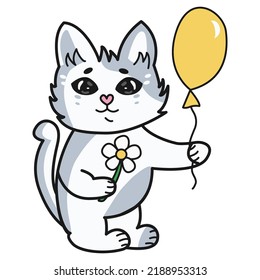 Cute funny gray cat holding a bouquet of flowers and a balloon