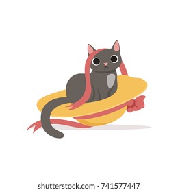 Cute funny gray cat playing with straw hat and ribbon vector Illustration