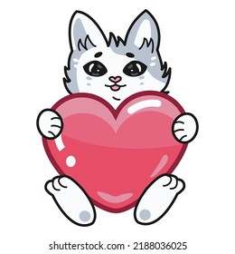 Gato gris gracioso lindo con el corazón rojo en las manos