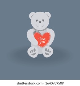 Cute funny gray Teddy bear with a red heart with the words I love you on a navy background.For Valentine's day cards for your loved one, website design, covers and other items.Vector illustration