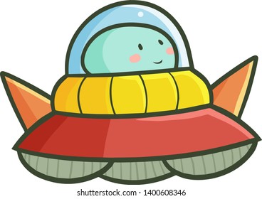 Cute and funny green alien smiling in red UFO