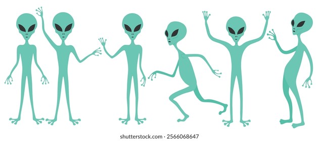 Cute funny green alien vector character set with cartoon style.