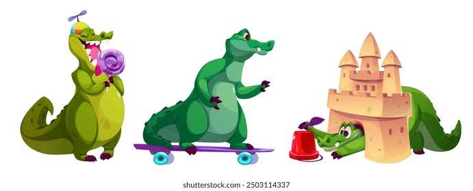 Nettes lustiges grünes Alligator Cartoon Maskottchen. Große Comic freundlich Krokodil Charakter essen Karamelll Süßigkeiten auf Stock in Hut mit Propeller, gehen auf Skateboard, Bau Sandburg mit Plastikeimer.