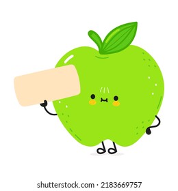 Cute funny green apple character with poster organic. Vector hand drawn cartoon kawaii character illustration icon. Isolated on white background. Happy green apple character concept
