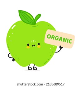 Cute funny green apple character with poster organic. Vector hand drawn cartoon kawaii character illustration icon. Isolated on white background. Happy green apple character concept