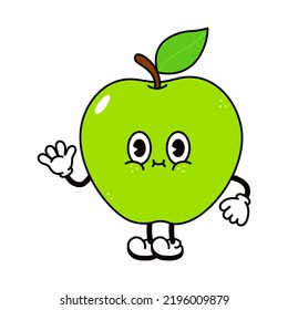 Cute funny green apple waving hand character. Vector hand drawn traditional cartoon vintage, retro, kawaii character illustration icon. Isolated white background. Happy green apple character concept