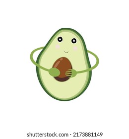 Cute funny green avocado character. Joyful smiling avocado hugging itself. Fork and spoon. Organic food concept. Vegetarian food.