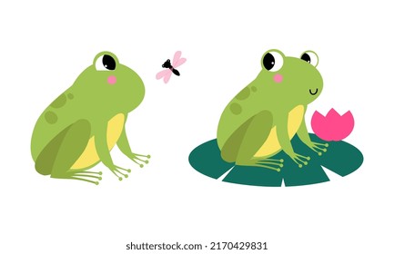 Cute funny green baby frogs set cartoon vector illustration
