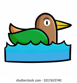 Cute and funny green brown duck swimming - vector.