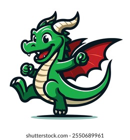 Um dragão de desenho verde bonito e engraçado sorrindo alegremente