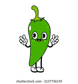 Cute funny green chili pepper waving hand character. Vector hand drawn traditional cartoon vintage, retro, kawaii character illustration icon. Isolated on white background. Happy chili pepper