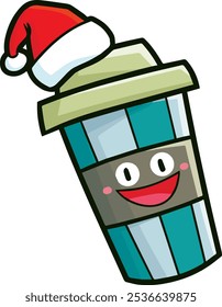 Cute and funny green coffee cup cartoon character wearing santa's hat celebrating christmas