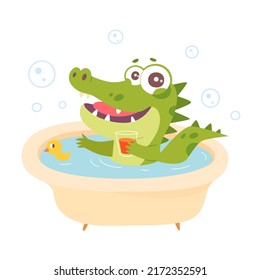 Cute funny green crocodile bathing in bathtub with yellow adorable duck vector illustration. Cartoon happy animal and bird characters sitting in tub full of water and soap foam isolated on white