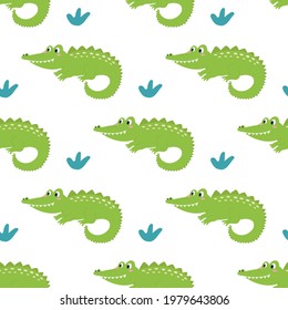 Cute funny green crocodile on white background. Vector seamless pattern. Decor for children's posters, postcards, clothing and interior