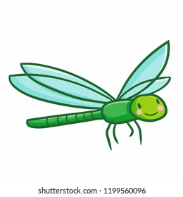 Cute And Funny Green Dragonfly Smiling And Flying - Vector