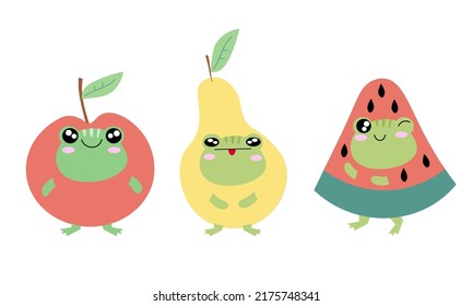 Cute funny green frog in fruit suit set collection. Vector hand drawn cartoon kawaii character illustration design set. Funny cartoon toad frog mascot character for social media bundle concept EPS