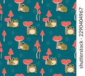 Cute funny green frog and mushrooms seamless pattern. Vector hand drawn cartoon kawaii character background. Funny cartoon toad and toadstool.