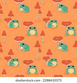Cute funny green frog and mushrooms seamless pattern. Vector hand drawn cartoon kawaii character background. Funny cartoon toad and toadstool. svg
