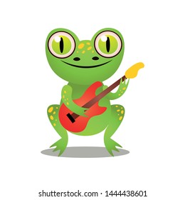 Cute funny green frog is playing at electric guitar