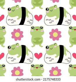 Cute funny green frog seamless pattern. Vector hand drawn cartoon kawaii character illustration stickers design set. Funny cartoon toad frog mascot character seamless pattern concept EPS