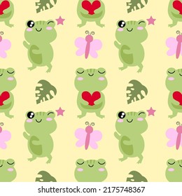 Cute funny green frog seamless pattern. Vector hand drawn cartoon kawaii character illustration stickers design set. Funny cartoon toad frog mascot character seamless pattern concept EPS