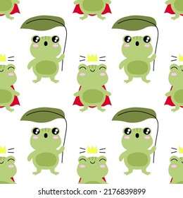 Cute funny green frog seamless pattern. Vector hand drawn cartoon kawaii character illustration stickers design set. Funny cartoon toad frog mascot character seamless pattern concept EPS