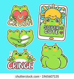 Cute funny green frog stickers set collection. Vector hand drawn cartoon kawaii character illustration stickers design set. Funny cartoon toad frog mascot character for social media bundle concept