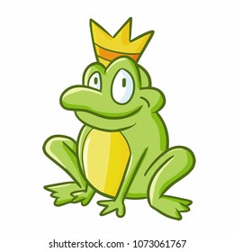 Cute and funny green frog wearing a golden crown smiling - vector.