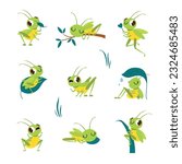 Cute funny green grasshoppers set. Funny insect jumping, sleeping and eating cartoon vector illustration