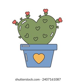 Cute funny green heart shape cactus in pot. Valentine love concept with cactus and hearts in groovy retro style. 