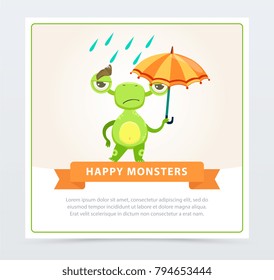 Cute funny green monster with colorful umbrella, happy monsters banner cartoon vector element for website or mobile app
