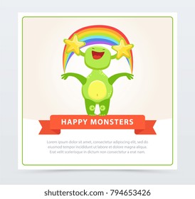 Cute funny green monster holding colorful rainbow, happy monsters banner cartoon vector element for website or mobile app