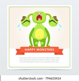 Cute funny green monster loudly crying, happy monsters banner cartoon vector element for website or mobile app