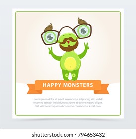 Cute funny green monster with mustache and sunglasses, happy monsters banner cartoon vector element for website or mobile app