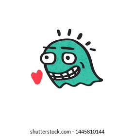 Cute funny green monster on white background. Little red heart. Love.