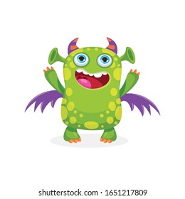 Cute Funny Green Monster Vector Illustration, Cartoon Mascot On A White Background. Design for print, party decoration, t-shirt, illustration, logo, emblem or sticker.