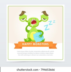 Cute funny green monster yawning, happy monsters banner cartoon vector element for website or mobile app