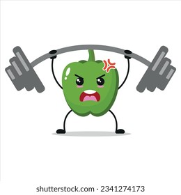 Cute and funny green paprika doing weightlifting. Vegetable doing fitness or sports exercises. Happy character working out vector illustration.