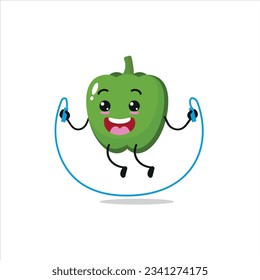 Cute and funny green paprika doing jumping rope. Vegetable doing fitness or sports exercises. Happy character working out vector illustration.