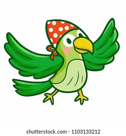 Cute and funny green parrot with red bandana - vector.