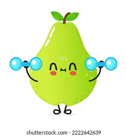 Cute funny green pear character with dumbbells. Vector hand drawn cartoon kawaii character illustration icon. Isolated on white background. Happy pear character gym concept