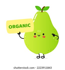 Cute funny green pear character with poster. Vector hand drawn cartoon kawaii character illustration icon. Isolated on white background. Pear character concept