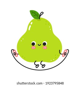 Cute funny green pear make gym with jump rope. Vector flat line cartoon kawaii character illustration icon. Isolated on white background. Pear fruit workout character concept