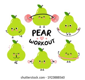 Cute funny green pear make gym set collection. Vector flat line cartoon kawaii character illustration icon. Isolated on white background. Pear fruit workout character bundle concept