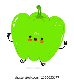 Cute funny Green pepper jumping character. Vector hand drawn cartoon kawaii character illustration icon. Isolated on white background. Happy Green pepper character concept