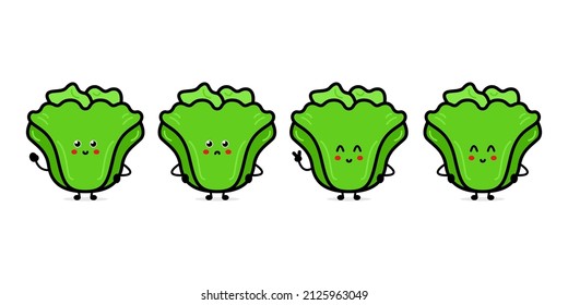 Cute funny green salad character. Vector hand drawn cartoon character illustration icon. Isolated on white background. Green salad character concept